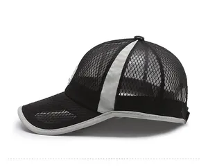 Side view of black mesh baseball cap with breathable hexagonal fabric and grey piping