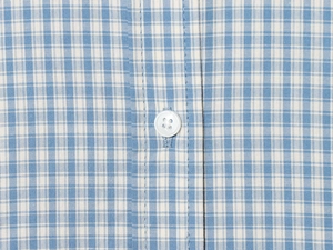 Detailed macro view of blue and white checkered fabric with a white four-hole button