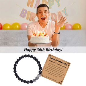 30th birthday card bracelet with matte black map stone beads for men as a special gift