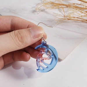 Blue and red gradient moon crescent earrings with glitter in resin for DIY jewelry