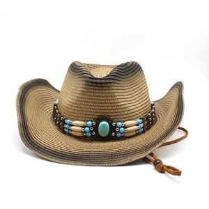 Handwoven straw cowboy hat with turquoise beads and sun-protective smoky brim