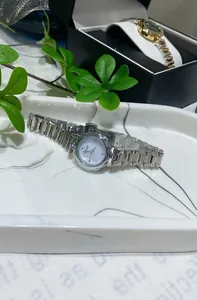 Detailed macro view of silver steel link strap and white pearl dial on a lady's watch