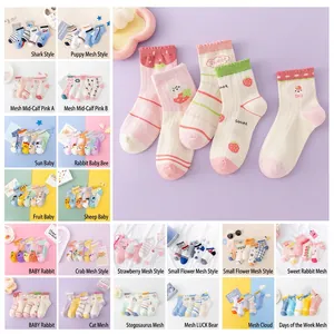 Chaussettes En Maille Pour Enfants Respirantes Mélange De Coton Fin Dentelle Volants Dessin Animé Fraise Lapin Motif Filles