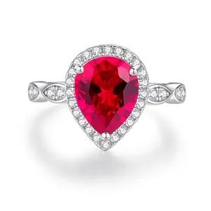 Pear Shaped Water Drop Ring Women Vintage S925 Sterling Silver Red Corundum Blue Spinel Luxury Cubic Zirconia Elegant Jewelry