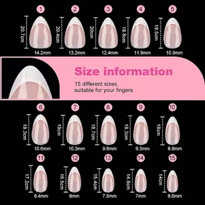 Size chart showing 15 sizes of short almond French press-on nails with width and length