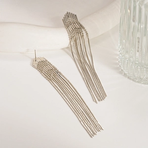 Detailed view of silver metallic tassel earrings with geometric chains on white prop