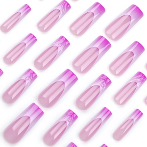 Extra long square press-on nails featuring pink purple French gradient and 3D ripple art