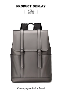 Front view of a champagne synthetic leather backpack featuring a flap and metal buckles