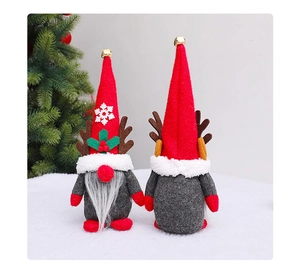 Detailed front and back views of plush Christmas gnomes with antler hats and long beards