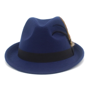 Close-up of navy wool felt fedora featuring a black ribbon and colorful side feather