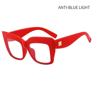 Fashionable large frame red cat-eye glasses with anti-blue light clear lenses for women