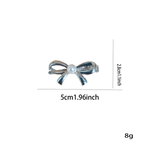 Silver bow hair clip with pearl detail showing dimensions 5cm width and 2.8cm height