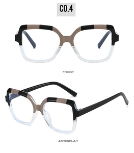 Detail view of large square blue light glasses with tricolor contrast frame design
