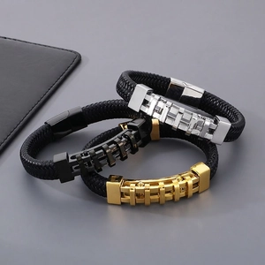 Bracciale Da Uomo In Pelle Intrecciata Acciaio Inossidabile Zircone Stile Punk Industriale