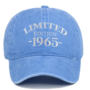Close-up of white 1965 embroidery on sky blue washed cotton vintage baseball cap