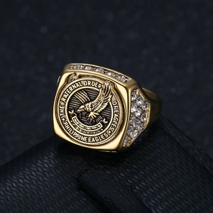 Gold vacuum-plated titanium steel Philippine Eagle signet ring with cubic zirconia stones