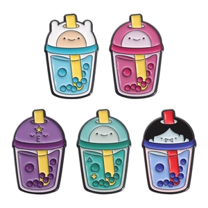 Five-piece Adventure Time themed bubble tea enamel pins set for bags and hats