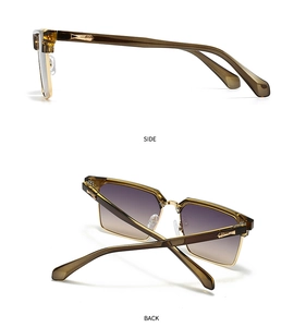 Detail view of tortoiseshell square sunglasses with gold metal trim and purple lenses