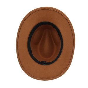 Detail view of brown wool fedora interior showing sweatband and size 57 label
