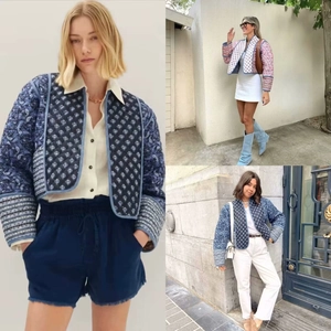 Three-way split view of a blue quilted short jacket with intricate floral print patterns