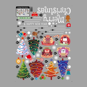 Detail view of festive Christmas stickers with trees, animals, and Merry Christmas slogans