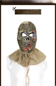 Macro detail of scary Halloween scarecrow mask with blood stains and burlap texture
