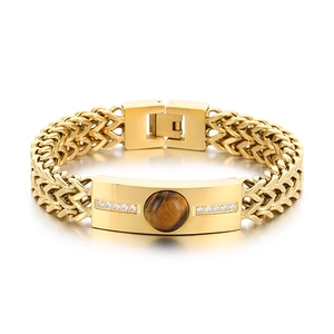 Hip hop gold bracelet with tiger eye stone and diamond accents on woven chain