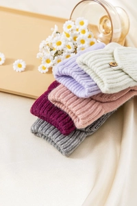 Detailed knit texture and wooden buttons on thickened thermal winter flip top gloves