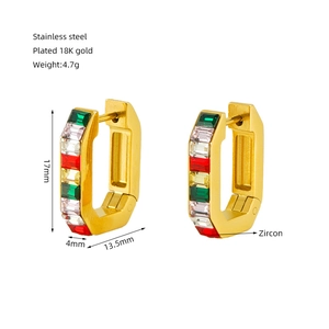 Detail view of gold-plated earrings with colorful rectangular zircons and dimensions