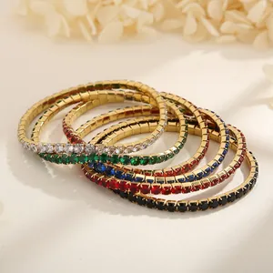 Round Cut Zircon Stainless Steel Tennis Bracelet Elastic Stretch Single Row Hip Hop Street Style Jewelry For Men Women