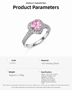 Detailed product specifications of S925 silver ring with a heart-shaped pink zircon
