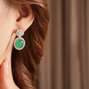 Vintage green chalcedony drop earrings with zircon flower studs and silver plating