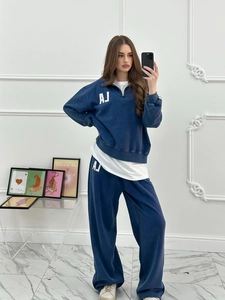 Femmes Sweat-Shirt À Demi-Zip En Coton Lavé Et Pantalon Large Vintage Distressed Streetwear Casual Imprimé Pullover