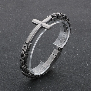 Retro stainless steel Byzantine chain bracelet with vintage cross plate for men