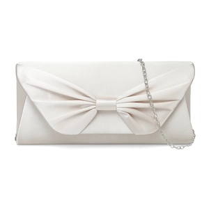 Detail of ivory satin evening bag featuring a bow pleat design and silver metal chain