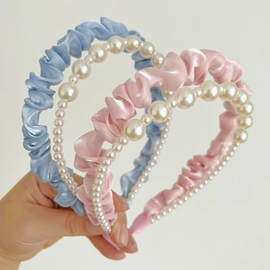 French Style Stacked Headband With Pleated Satin Mesh Fabric And Elegant Imitation Artificial Pearls For Women Sweet Hair Accessory