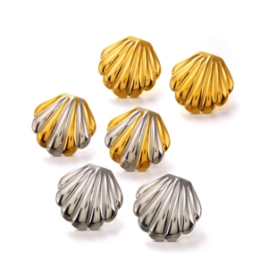 Three pairs of shell-shaped stainless steel stud earrings in gold and silver finishes