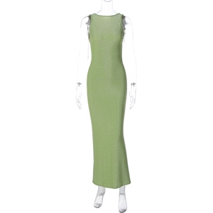 Sleeveless slim fit light green maxi dress with subtle sheen texture on white background