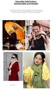 Collage of thick solid cashmere-like scarves with fringe in khaki, pink and green