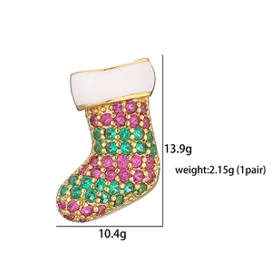 Detailed view of Christmas stocking earrings with pink and green zircon stones and sizing info