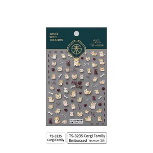 5D embossed cartoon corgi nail stickers with 3D relief dog patterns and bone accents
