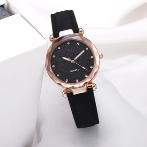 Starry sky dial watch for women with rhinestones and black frosted leather strap