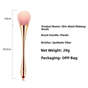 Detailed dimensions of a pink soft fiber powder brush with a golden hourglass handle