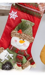Detail of knitted Christmas stocking with 3D snowman and plaid scarf festive pattern