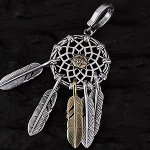 Elegant mixed gold and silver S925 dreamcatcher pendant with hollow feathers