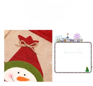Macro detail of Christmas burlap gift bag featuring a snowman applique and linen texture