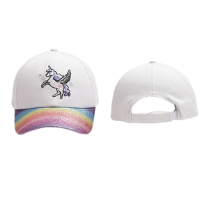 White kids unicorn baseball cap with rainbow sequin brim and adjustable back strap