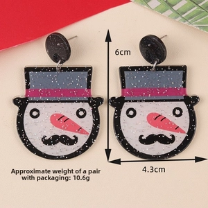 Detail view of glittery acrylic snowman earrings with dimensions 6cm by 4.3cm