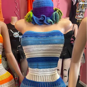 Detail of handmade crochet striped tube top with mesh hollow-out knit for beachwear
