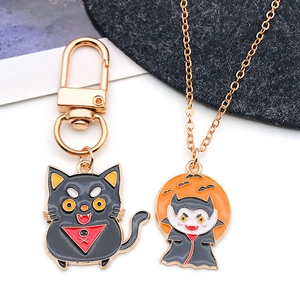 Halloween black cat keychain and vampire necklace charms in colorful enamel finish